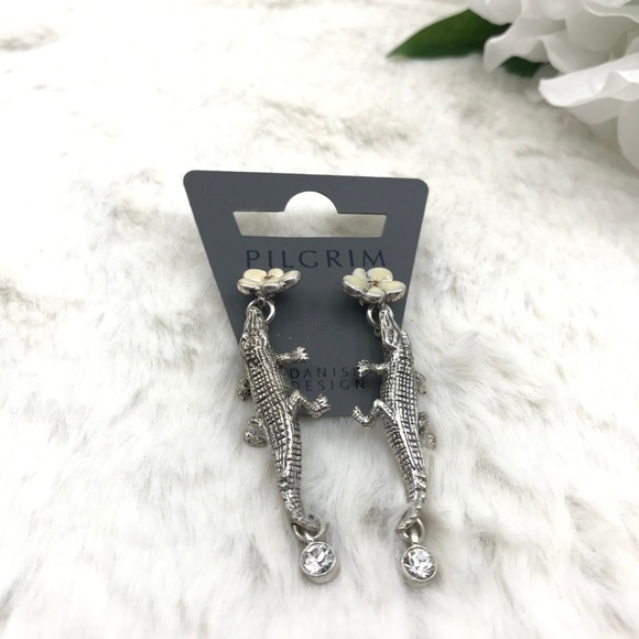 Silvertone White Enamel Crystal Alligator Earrings - Picture 5 of 8